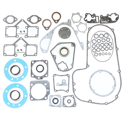 3-1/2" (1340cc) bore. 
With 1mm (.040") Blue PTFE coated fiber reinforced paper cylinder head gaskets and 0.75mm (.030") fiber reinforced paper cylinder base gaskets. 
Complete with all gaskets, O-rings, seals and primary gaskets required for a complete engine overhaul. 
OEM replacement reference 17029-80. 
