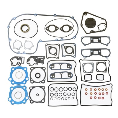 3-1/2" bore. 
With 1.5mm (.060") Blue PTFE coated paper cylinder head gaskets and 0.5mm (.020") reinforced fiber cylinder base gaskets. 
With a .062" thick reinforced fiber primary cover gasket with a silicone bead. 
Complete with all gaskets, O-rings, seals and primary gaskets required for a complete engine overhaul. 
OEM replacement reference 17035-83, 17035-83A, 17035-83B (without primary gasket) & 17035-84 (non-H-D James part number)