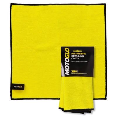 40cm x 40cm, Yellow with a black edge, 340/sqm (grams per square meter). 
This special developed polishing cloth. 
Used to create the perfect surface finish after the use of the pre-moistened MotoGlo detailing wipes, which are available as 975400. 
