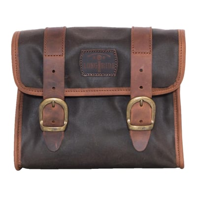 Khaki. Made from waxed cotton and ranger leather. Approx. dimensions: 25cm x 18 cm x 8cm.