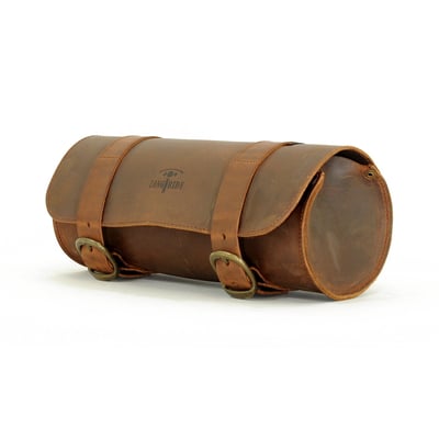 Universal genuine leather tool roll, installs with straps to forks, frame etc
Dimensions of this version: 30.5cm wide x 13cm diameter. 4 Liter volume
