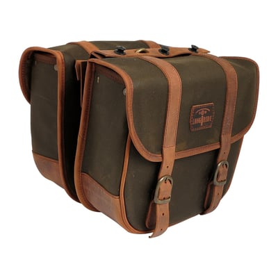 Nothing more universal usable than a set of throw-overs. 
Cowboys used them, now bikers do. Made of a combination of waxed cotton and leather. 
Leather is used on most abrasive point, like all edges and parts with the highest level of stress like the mounting flap and bottom part of the bag.
Complete with reinforced backside. 
Approx. dimensions: 29cm long x 26cm high x 12cm thick. 
Sold in pairs. 
Note: The 'Waxed Cotton' material, as used in the LongRide product line, is manufactured from approx. 650gr/m 100% cotton cloth. This cloth is impregnated with wax, which makes it durable and gives it water repellant characteristics. This is the historically correct predecessor of synthetic developments like, for instance, Goretex. This is the genuine classic material. 
