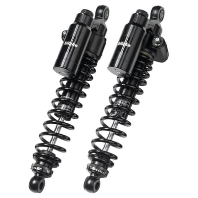 330mm eye to eye length. Black springs, body, piggyback & shock ends. Manual adjustable preload & 10mm adjustable length. 
Piggyback shock absorber. With adjustable spring preload, adjustable compression damping & adjustable rebound damping. 
- High resistance alloy steel shock absorber body 
- 12mm diameter steel damper rod 
- Separate aluminum compensation chamber (piggy back)
- Gas pressurized (Nitrogen) 
- CNC machined billet aluminum alloy heads 
- Spring preload (stepless) 
- Rebound damping (5 or 7 clicks) 
- Compression damping (12 clicks) 
- 10mm adjustable length 
- Fully serviceable 
- Includes 2 shock absorbers, assembly instructions, manual and spring preload adjustment tool. 