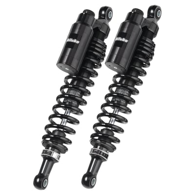 340mm eye to eye length. Black springs, body, piggyback & shock ends. Manual adjustable preload. 
Piggyback shock absorber. With adjustable spring preload, adjustable compression damping & adjustable rebound damping. 
- High resistance alloy steel shock absorber body 
- 12mm diameter steel damper rod 
- Separate aluminum compensation chamber (piggy back)
- Gas pressurized (Nitrogen) 
- CNC machined billet aluminum alloy heads 
- Spring preload (stepless) 
- Rebound damping (5 or 7 clicks) 
- Compression damping (12 clicks) 
- Fully serviceable 
- Includes 2 shock absorbers, assembly instructions, manual and spring preload adjustment tool. 