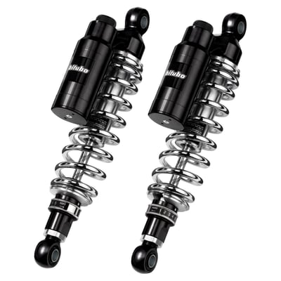 330mm eye to eye length. Chrome springs, black body, anthracite piggyback & shock ends. Manual adjustable preload & 10mm adjustable length. 
Piggyback shock absorber. With adjustable spring preload, adjustable compression damping & adjustable rebound damping. 
- High resistance alloy steel shock absorber body 
- 12mm diameter steel damper rod 
- Separate aluminum compensation chamber (piggy back)
- Gas pressurized (Nitrogen) 
- CNC machined billet aluminum alloy heads 
- Spring preload (stepless) 
- Rebound damping (5 or 7 clicks) 
- Compression damping (12 clicks) 
- 10mm adjustable length 
- Fully serviceable 
- Includes 2 shock absorbers, assembly instructions, manual and spring preload adjustment tool. 