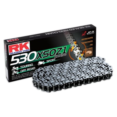 For Sport, Street, Touring, Off Road. With 2 outer and 2 inner 'X-shaped' sealing lips and an inner centering ring. The RX-ring offers reduced friction and up to twice the chain life when compared to the classic O-ring chain. 
- Light weight, high strength and durability all in a affordable package 
- With RX-ring  4-lip sealing 
- Expected street use 15.000km and up 
- Affordable Performance 
- Double wear life when compared with the classic O-ring chain 
- Tensile strength 40.0kN 
- Weight 1.98kg per 100 links 
- With riveted master link 
- Application 400cc / 1000cc 