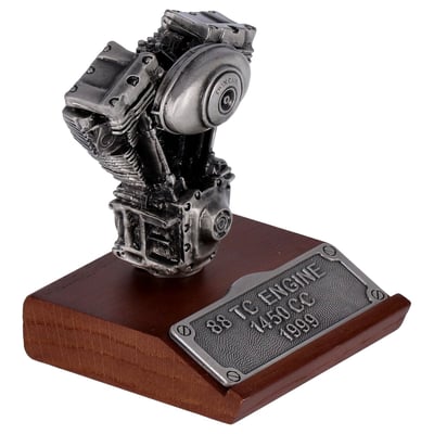 Featuring pewter construction on a wooden display base. Height: 2-3/4 width: 2-1/2
Measurements TC 88: Height= 2-3/4'' Width= 2-1/2''