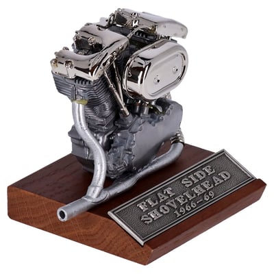 With authentic details, including exhaust header set! Full pewter casted and fully asembled on a wooden display base. Length: 4"	Width: 4-1/2"	Model Height: 3-5/8"