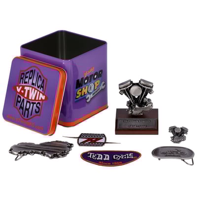 Includes a motor model, keychain, lapel pin, belt buckles and patches that can be ironed or sewn on.