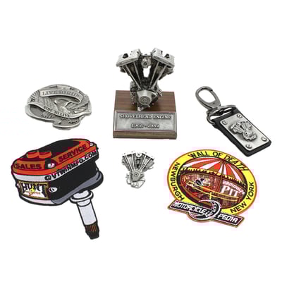 Includes a motor model, keychain, lapel pin, belt buckles and patches that can be ironed or sewn on.
Shovelhead with base height= 4-7/16''