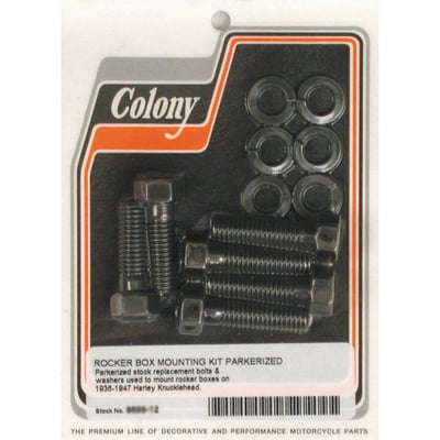 Black parkerized. OEM style reproduction. Hex bolts, machined from a solid steel bar, like the original. Complete with lock washers. Repl. 071 (2) upper bolt and 073 (2) lower bolt and 0261 (6) spring washers.