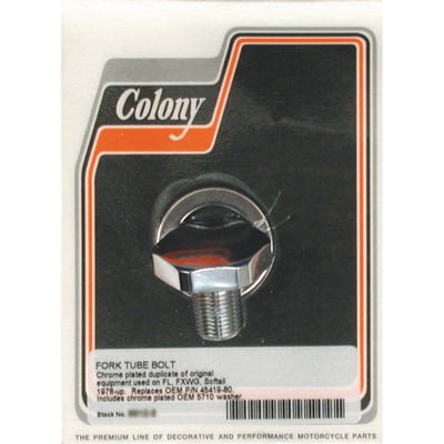 Chrome plated. OEM style Flat Top. Not vented. 
Direct replacement for the stock fork tube cap bolts as used in 41mm fork tubes. 
Cap bolts screw into the fork tube plugs of 41mm forks. 
High quality USA made. 
OEM replacement reference 45839-77 and 45419-80