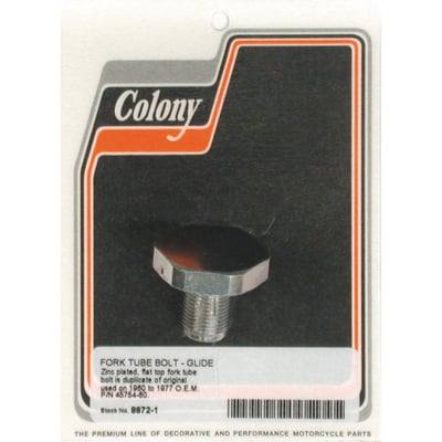 Zinc plated. OEM style Flat Top. Vented. 
Direct replacement for the stock fork tube cap bolts as used in 41mm fork tubes. 
Cap bolts screw into the fork tube plugs of 41mm forks. 
High quality USA made. 
OEM replacement reference 45754-60