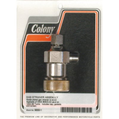 Nickel plated. 
Exact duplicate of the original gas / fuel strainer as found on the early H-D models. Includes cap, gaskets and screen. 
OEM replacement reference 3623-32