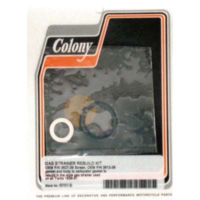 Includes 3627-39 screen, 3613-39 gasket & body to carburetor gasket. 
Used to rebuild the in-line style gas strainer used on 39-41 H-D models. 
Compatible with OEM and Colony gas strainers. 
