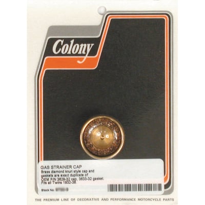 Brass Diamond Knurled 32-38 style. 
Exact reproduction or the original item. 
OEM replacement reference 3629-32 cap & 3633-32 gasket. 
Note: 989831 (32-38 diamond knurled style) and 989832/929863 (42-65 straight style) caps are identical. Difference is found in the styling only. 