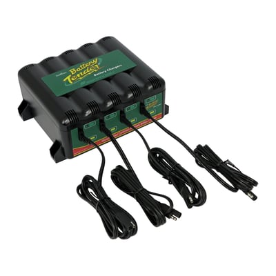UK wall plug. 4 bank charger 12V. Allows charging / maintaining 1 up to 4 batteries at once. Dimensions: 19.5cm wide x 9cm high x 17.5cm Deep.Microprocessor controlled, 100-240V compatible. Adapts to battery needs and offers fully automatic 4-stage charging program, initialization / bulk charge / absorption mode / float mode, as required. A red LED indicates a 'dead' battery or something else when the battery is unable to take the charge. A green LED blinks during the charging process, until the battery is at least 80% charged. A constant lighting green LED indicates the battery is ready for use. Charges all flooded, sealed, maintenance free, AGM and lead acid batteries. CE approved. 
Note: When using multi-bank chargers, with the batteries in the bikes, you can order 990048 quick-disconnect cable which offers 25 foot (7.5 meters) of convenience.