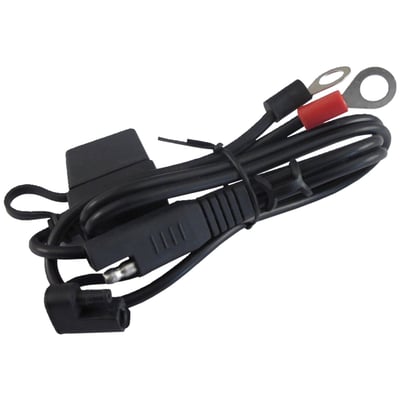 Optional Quick Disconnect cable, can be permanently installed on the bike for quick charging access. Fused wiring. Ring terminals on one end & SAE connector on other side. Lets you connect any Battery Tender or other charger with SAE connector. 55cm long.