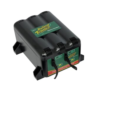 UK wall plug. 2 bank charger 12V. Allows charging / maintaining 1 or 2 batteries at once. Dimensions: 11.5cm wide x 8.5cm high x 17.5cm deep.Microprocessor controlled, 100-240V compatible. Adapts to battery needs and offers fully automatic 4-stage charging program, initialization / bulk charge / absorption mode / float mode, as required. A red LED indicates a 'dead' battery or something else when the battery is unable to take the charge. A green LED blinks during the charging process, until the battery is at least 80% charged. A constant lighting green LED indicates the battery is ready for use. Charges all flooded, sealed, maintenance free, AGM and lead acid batteries. CE approved. 
Note: When using multi-bank chargers, with the batteries in the bikes, you can order 990048 quick-disconnect cable which offers 25 foot (7.5 meters) of convenience.