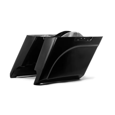 5" down and 5" rear stretch provides that slammed long look, even without lowering. Angle cut to help improve cornering. Otherwise these are direct replacement for your stock bags and even adds additional storage space. Installs to the same places as stock and stock mounting hardware and lids can be re-used. Made of hand-laid unpainted black gel coated fiberglass that is very stiff, strong, straight and light. Comes with dual exhaust cut-outs for up to 4.5" diameter mufflers.
Note: Saddlebag lids sets are optionally available. 
Note: Requires drilling and fitment checks before painting and final assembly. 