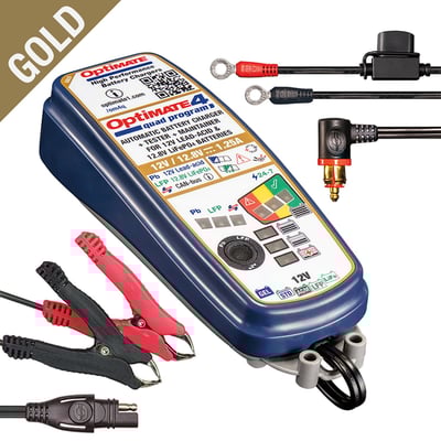 9 step 12V / 12.8V 1.25A sealed battery saving charger & maintainer for AGM, GEL & STD 12V batteries from 4 – 60Ah & Lithium (LiFePO4) 12.8/13.2V batteries from 2 – 15Ah. OptiMate 4 Quad Program tests before & after charging and can recover a ‘dead-flat’ lead-acid & lithium (LiFePO4) battery from as low as 0.5 Volts. 
- Selectable, 4 charge programs: 	1).12V Smart desulphation: 0.5V - 14.4V. 
	2). BMW CAN-bus compatible: 5V - 14.4V. 
	3). 12.8V Low Volt Recovery: 0.5V - 14.4V. 
	4). BMW CAN-bus compatible: 8.8V - 14.4V. 
- Charging Amps: 1.25A (constant current) 
- Indoor / Outdoor (lowest temperature: -40°F / -40°C) 
- Save: Low Volt Start of 0.5V + 2-step* desulphation recovery (*1-step low volt pulse save during CAN-bus mode)
- For 4 x Lead Acid, AGM & GEL 12V batteries from 3 to 50Ah 
- Input: Global (100-240V 50-60Hz), high efficiency (CEC listed) 
- Weatherproof case with wall mounts 
- Incl. 6ft. / 180cm AC supply lead and 6ft. / 180cm charge lead ending in SAE connector. Weatherproof battery lead, battery clip set & hanging hook 
- No risk of overcharging 
- Sparks suppressed 
- Safe for vehicle electronics 
- Safe for long-term battery maintenance 
- Automatic shut-down if short-circuited or battery disconnected. 