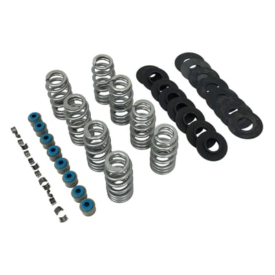 Must reuse OEM steel upper spring collars.
Installed pressure 134lbs@1.375" (0.405 lift), 103 lbs@1.520" (0.550 lift), coil bind@.920". Direct replacement, installs without machining or rocker box clearancing. High tensile chrome silicone wire with a shot-peened heat treatment and a super NexTex® finish. Kits include springs, lower collars, no upper collars, shims, keys and Viton® seals.