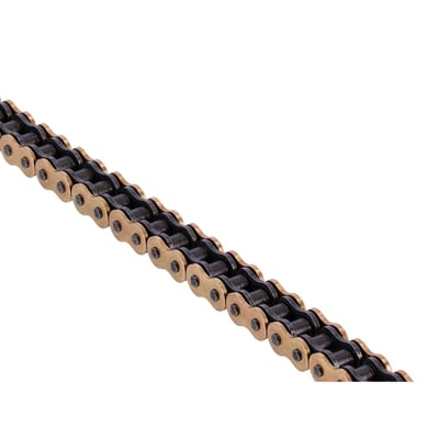 For under 150HP applications. 
Gold colored chain. 
Comes with hollow rivet link for easy installation with industry standard tools. 
The X-ring is a very thin 'O-ring' with an X shape which offers a drag reduction on rollers and side plates. 
Reduction in drag is such that efficiency is almost increased to the same level as a regular roller chain, with the longevity of a regular O-ring. 
This is the quality Tsubaki chain which combines superior strength and performance with the longevity well known to O-ring type chains. 
Average tensile strength 45.1 kN.
- Gold colored link plates  
- Low friction 'X-ring' seal ring
- For under 150 HP bikes. 
Note: These chains come with a pin link (rivet style) master link. A clip style connecting link (99733 QR2) must be ordered separately if desired.