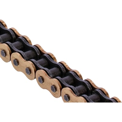 For under 150HP applications. 
Gold colored chain. 
Comes with hollow rivet link for easy installation with industry standard tools. 
The X-ring is a very thin 'O-ring' with an X shape which offers a drag reduction on rollers and side plates. 
Reduction in drag is such that efficiency is almost increased to the same level as a regular roller chain, with the longevity of a regular O-ring. 
This is the quality Tsubaki chain which combines superior strength and performance with the longevity well known to O-ring type chains. 
Average tensile strength 45.1 kN.
- Gold colored link plates  
- Low friction 'X-ring' seal ring
- For under 150 HP bikes. 
Note: These chains come with a pin link (rivet style) master link. A clip style connecting link (997332 RQ2) must be ordered separately if desired.