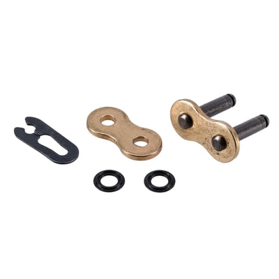 Connecting link (CLS pf) with clip, shouldered pin, press fit. 
- Optional 'clip-style' master link for 530 RQ2 series chains 
- Gold colored link plates.  
Note: See 993734 for standard pin link (rivet style) master link. 
Note: Clip style connecting links are master links than can be disconnected again. The pin links are master links that are riveted to obtain the safest possible option to connect the chain. Tsubaki supplies, and strongly suggests, the use of pin links in combination with O-ring chains for safety reasons. Connecting links for O-ring chains must be purchased separately when desired.
Note: A clip-style connecting link has just 85% of the strength of a riveted-style pin link. Tsubaki advises to use riveted style pin links in all applications and will not be liable for connecting link style applications. 