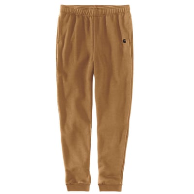 RELAXED FIT, TAPERED LEG · 10.5 oz/yd² - 356 gsm · 50% Cotton/50% Polyester · Mid Weight Fleece · Adjustable waistband with hidden drawcord · Long Trousers · Two front pockets with zipper closure · Secure zippered back pocket on wearer's right side · Stretchable, elastane reinforced rib knit cuffs · Carhartt signature logo printed on wearer's left side · Carhartt label sewn on pocket