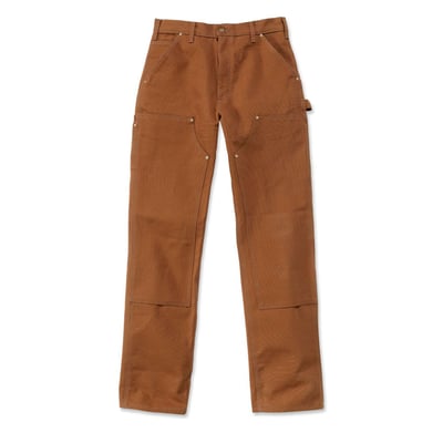 LOOSE FIT, STRAIGHT LEG · 12 oz/yd² - 407 gsm · 100% Cotton · Firm duck · Sits at the waist · Long Trousers · Two front slant pockets with extra hidden coin pocket in right front · Left-leg hammer loop · Two fully lined back patch pockets · Double front panels for durability with bottom entry knee pad pockets · Right leg back utility pocket for easy storage of ruler or welding rods, left leg back tool pocket · Folded single stitched clean finished hem · Triple stitched main seams · Carhartt label sewn on pocket