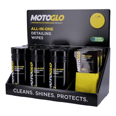 Includes 6 tubes of detailing wipes 975400 and 6 microfiber cloths 984573. 
This are detailing wipes, designed to clean your bike without or with little water, depending on the amount of dust, dirt and grime. MotoGlo wipes are pre-moistened with a special Eco-Friendly, non-aggressive & chemical-free fluid. Safe for your hands and for any surface on your bike, but with incredible cleaning characteristics. After the cleaning routine the MotoGlo wipe will 'fill the surface', on a molecular level, to help prevent new dirt attaching but also protects against salt, greasy fingers, UV radiation and by doing so it even intensifies gloss. This protection-effect will increase with every new cleaning. The included 984573 Microfiber polishing cloth will create the perfect surface finish. 