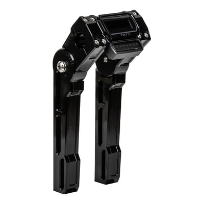 For 1" (25.4mm) diameter handlebars. 
Black anodized finish. 
With a digital gauge housing that takes the original digital instrument as found on Street Bob, Breakout, FXST and FXDRS models. The adjustable head system on these risers allows you to fine-tune your riding position for optimum comfort. The one-piece top clamp connects both risers offering a stronger and more rigid construction. CNC machined from billet aluminum. Vity's Design manufactures products for those not shy of some attention. Designed as a balanced mix between the refined grace of classic elegance and a radical retro head turner. Apart from the visual stimulance, their attention to detail is nothing less than extraordinary. For those on route to glamour and grace, these are the parts that'll help you cross over to previously unknown custom levels. Perfect to style match with other Vity's Design products. 
Note: Digital gauge not included. Designed to take the OEM H-D instrument.