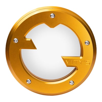 Gold anodized finish. 
CNC machined billet aluminum construction. Clutch cover comes with a polycarbonate (see-through) window, which allows a live view into the working clutch. Fits as a direct upgrade replacement for the stock derby cover. Made with precision manufacturing for a perfect fit and finish. Perfect to style match with other Vity's Design products. Reuse OEM mounting hardware. Gasket/seal not included. 
Dimensions: 6.4" diameter. 