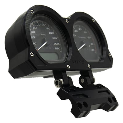 Gloss black anodized. 
Compatible with Vity's Design adjustable risers only. Used to replace the stock dual plastic instrument holder for high quality CNC machined billet aluminum holder that is a perfect style match with Vity's adjustable risers. The gauge holder offers infinite angle adjustments to optimize your view on the gauges and can be installed above the riser clamp, or when rotating 180°, below the riser clamp. 