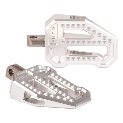 Silver anodized finish. 
Small aggressive BMX style pegs for performance in the Vity's Design style. CNC precision machined from billet aluminum bar for an excellent strength/weight ratio. Bottom angled for maximum ground clearance. The 'Big Diamond' cut pattern provides the required foot grip. Great to style match with other Vity's Design products.