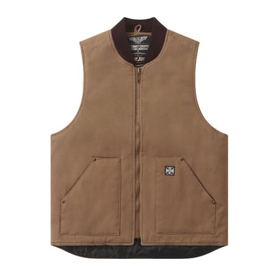 Everyday heavy duty work vest made of heavy canvas outershell and polyester lining and insulation to keep you warm. this american classic is a daily user. they come in a comfort work cut.