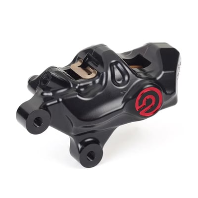 Left side front caliper. 
Black hard anodized with red 'Brembo' logo. 
4-piston caliper, with 32mm pistons. 
Bolt-on fitment for OEM H-D fork forks, to replace OEM caliper. 
Note: Brembo advises not to use these calipers on ABS equipped models, unless the ABS system is removed. 
Tech details: 
- 69mm center to center mount holes 
- 34mm offset 
- 32mm Ø aluminum pistons 
- CNC machined aluminum 2-piece body 
- Hard anodized finish 
- Weight (without pads) 845 gram 
- For DOT 4 brake fluid 
- Incl. steel hardware 
- Incl. brake pad springs 
- Incl. sintered brake pads 
- For replacement brake pads 'Shape C' see (996235) 