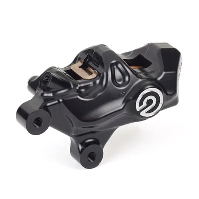 Left side front caliper. 
Black hard anodized with clear contrast cut 'Brembo' logo. 
4-piston caliper, with 32mm pistons. 
Bolt-on fitment for OEM H-D fork forks, to replace OEM caliper. 
Comes with brake pads 'Shape C'. 
Note: Brembo advises not to use these calipers on ABS equipped models, unless the ABS system is removed. 
Tech details: 
- 69mm center to center mount holes 
- 34mm offset 
- 32mm Ø aluminum pistons 
- CNC machined aluminum 2-piece body 
- Hard anodized finish 
- Weight (without pads) 845 gram 
- For DOT 4 brake fluid 
- Incl. steel hardware 
- Incl. brake pad springs 
- Incl. sintered brake pads 
- For replacement brake pads 'Shape C' see (996235) 