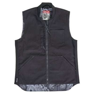 The Biltwell 4-Speed Vest is a robust piece of motorcycle gear, designed with a 13 oz. 100% cotton canvas exterior for durability. It features flexible 3" wide canvas accordion side panels made from a blend of nylon and elastane, providing a comfortable fit. An oversized hidden pocket on the right chest with an 8-inch vertical zipper offers additional storage, while the interior boasts two patch pockets, one with an elastic loop for securing keys. The interior liner is breathable, made from a mix of polyester and Repreve, and features a sublimated graphic for added style.