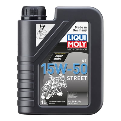 Language label D-booklet. 
Semi-synthetic motor oil (mineral oil blended with full synthetic oil) for a cost-effective maximum quality. Quality motorcycle oil developed for air- and water-cooled 4-stroke engines, which work on normal to heavy duty conditions. Suitable for a sportive riding style. Compatible with dry and wet clutches. Okay for catalysts. 
- Performance level: API SN PLUS, JASO MA2 
- keeps engine clean 
- excellent shear stability 
- low oil consumption 
- excellent for wet clutches 
- high wear protection 
- catalytic converters tested 
- optimal aging stability 
- optimal lubrication under all conditions 