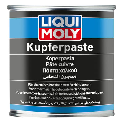 Language label D-NL-F-GR-ARAB. 
Anti-seize / release agent and lubricant made from ultra-fine copper particles for use with machine elements subject to high thermal stress. Copper Paste is used at screw connections, exhaust pipes, spark plugs etc. that are exposed to high temperatures, pressures and/or corrosive elements. Will ensure easy removal after long periods. Operating temperature range: -35 °C to +1100 °C. 