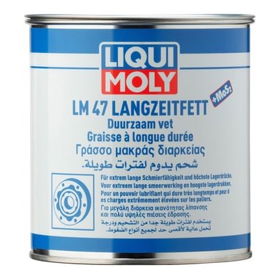 Language label D-NL-F-GR-ARAB.
High-grade special grease. The MoS2 content provides the selected base grease with outstanding lubricity and high-performance properties that normal grease does not have. During operation, a permanently adhering, ultra-thin molybdenum disulfide film forms at the sliding surfaces. This film retains its lubrication properties for a long time even after the grease supply completely fails. Extremely long-lasting lubrication properties, can be delivered by central lubrication systems. Used in assembly, maintenance and repair of vehicles, machine tools, construction, agricultural and printing machinery. For heavily loaded bearings and joints, spline shafts, threads and guides. For constant velocity drive joints.
- labeling DIN 51502 KPF2K-30
- Operating temperature range: –30 °C to +120 °C, short term up +130 °C
- distinctive high-pressure characteristics
- increases operational reliability
- good corrosion protection
- especially resistant to cold and hot water
- outstanding lubricating action
- highest load-carrying capacity
- high resistance to aging
- can be delivered by centralized lubrication systems
- friction and wear reducing
- universal application
- economical