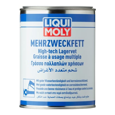 Language label D-NL-F-GR-ARAB. 
Lithium soap grease for lubricating plain and roller bearings under normal loads and normal to high temperatures. Good water resistance. Suitable as a universal grease for motor vehicles and for general machine lubrication. Carefully selected raw materials and additives guarantee good long-term lubrication. Suitable as universal lubricating grease in the automotive, construction, agricultural machinery and industrial sector. 
- for plain and roller bearings under normal loads 
- temperature range: - 25 °C to +120 °C. Short periods up to +130 °C 
- excellent stability to liquefying 
- good corrosion protection 
- especially resistant to cold and hot water 
- outstanding slip properties 
- optimum aging stability 
- friction and wear reducing 
- labeling according to DIN 51502 K2K-20 