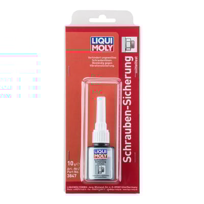 Language label D. 
Color blue. Excellent medium strength thread-locking adhesive for reliable thread locking up to 3/4" (19mm) threads. Can be used on oily surfaces and galvanised screws. Active materials generally refer to metals with a high iron or copper content (e.g. iron, steel, copper, brass, bronze). Active materials ensure rapid curing. Passive materials such as high-alloy (stainless) steel, zinc, aluminum or plastics cure very slow. 
- temperature range -60 to +150 °C 
- Initial strength 2-10 min (active) 10-60 min (passive) 
- Functional strength 2-3 hours 
- Final strength 12 hours 
- Breakaway torque 16 Nm DIN EN 15865 
- Prevailing torque 10 Nm DIN EN 15865 
- Thread friction value 0,13 
- Compressed shear strength 16 N/mm² DIN EN 15337 
- Chemical resistance relatively well against oils, gasoline, antifreeze, water and brake fluid 
- Cures in the absence of air (anaerobic) 
- resistant to stresses and vibrations 
- can be used on oily surfaces 
- rapid curing 
- prevents leaks 
- wide operating temperature range 
- controlled torque/stress ratio 
- color blue 