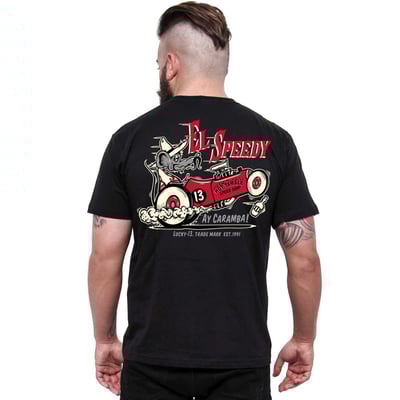 The Lucky 13 El Speedy t-shirt is a soft-spun heavyweight 100% cotton t-shirt. Features rib knit collar, shoulder to shoulder taping, cover seamed neck and double needle sleeves. There is a full print on the back and logo print on the front of the t-shirt. Lucky 13, to the good times!