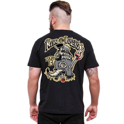 The Lucky 13 King of Losers t-shirt is a soft-spun heavyweight 100% cotton t-shirt. Features rib knit collar, shoulder to shoulder taping, cover seamed neck and double needle sleeves. There is a full print on the back and logo print on the front of the t-shirt. Lucky 13, to the good times!