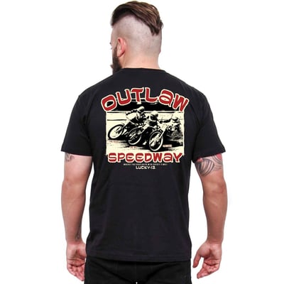 The Lucky 13 Outlaw Speedway t-shirt is a soft-spun heavyweight 100% cotton t-shirt. Features rib knit collar, shoulder to shoulder taping, cover seamed neck and double needle sleeves. There is a full print on the back and logo print on the front of the t-shirt. Lucky 13, to the good times!