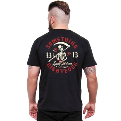 The Lucky 13 Something righteous t-shirt is a soft-spun heavyweight 100% cotton t-shirt. Features rib knit collar, shoulder to shoulder taping, cover seamed neck and double needle sleeves. There is a full print on the back and logo print on the front of the t-shirt. Lucky 13, to the good times!