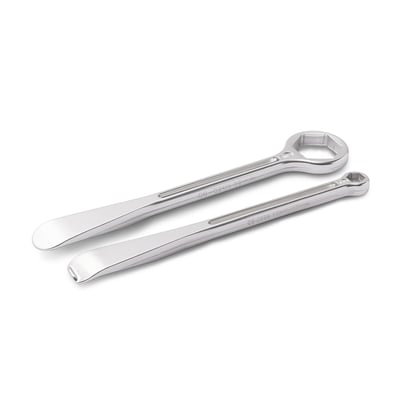 - Tire spoon with axle nut hex wrench and tire spoon hex wrench for rim lock nut set 
- Both levers have perfectly contoured tire lever on one end 
- One lever has unique combination stepped 10/12 mm box end wrench on other end for 
 turning rim lock nuts 
- Unique no-pinch tip on one lever helps protect inner tube during tire installation 
- Second wrench has hex box wrench for 32 mm axle nuts on other end 
- Made from lightweight forged 7075-T6 aluminum 
- Hard anodized finish 
- Under 10 inches in length and weigh only 3.5 oz. 
- Hex ends for axle nuts are rated for a maximum torque of 90 lb/ft
